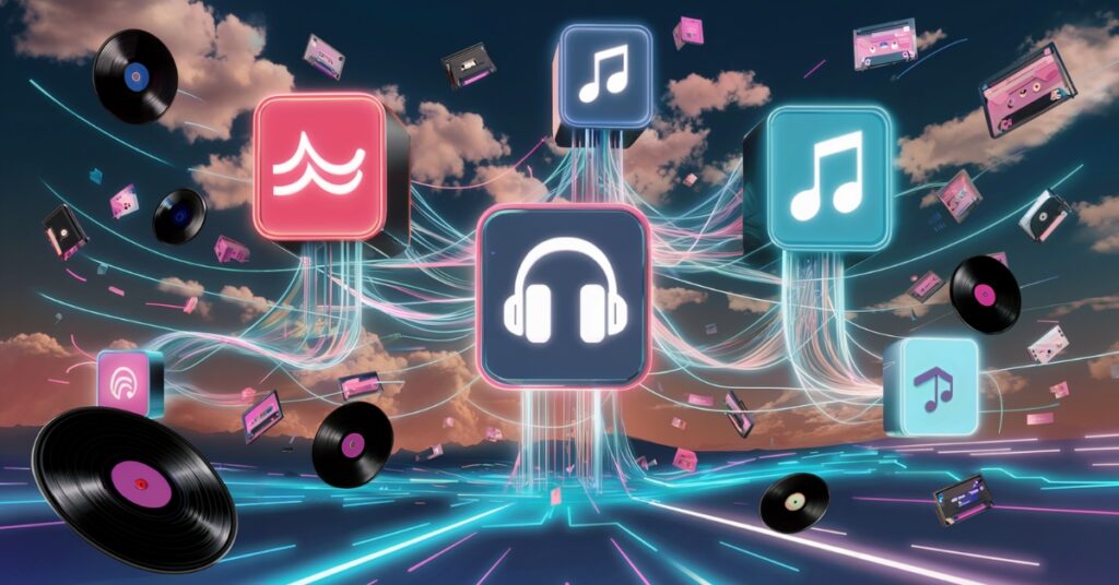 Music icons, tapes, and vinyl representing music streaming.