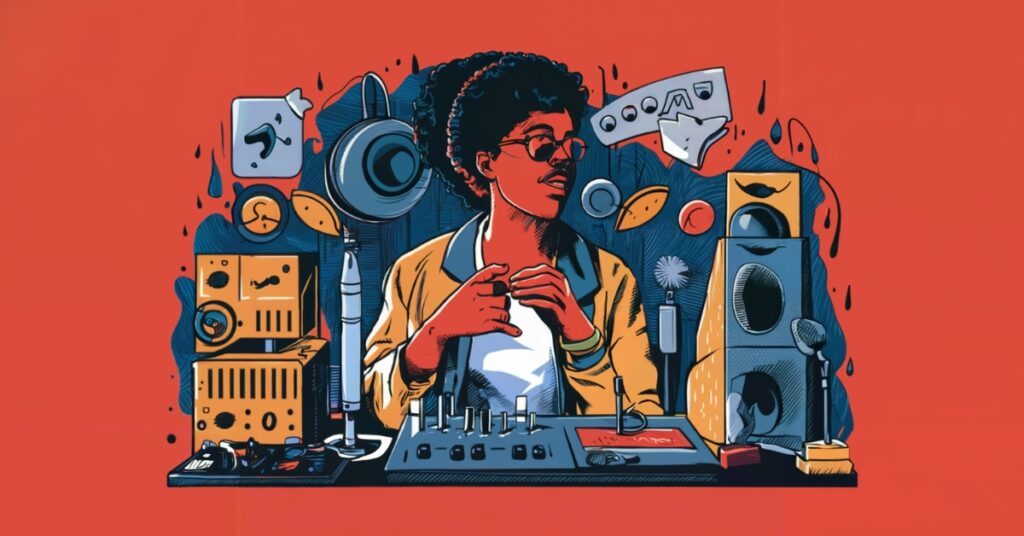 Music artist surrounded by audio equipment.