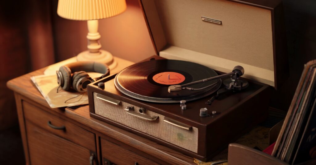 Vintage record player on a desk with a lamp next to it.