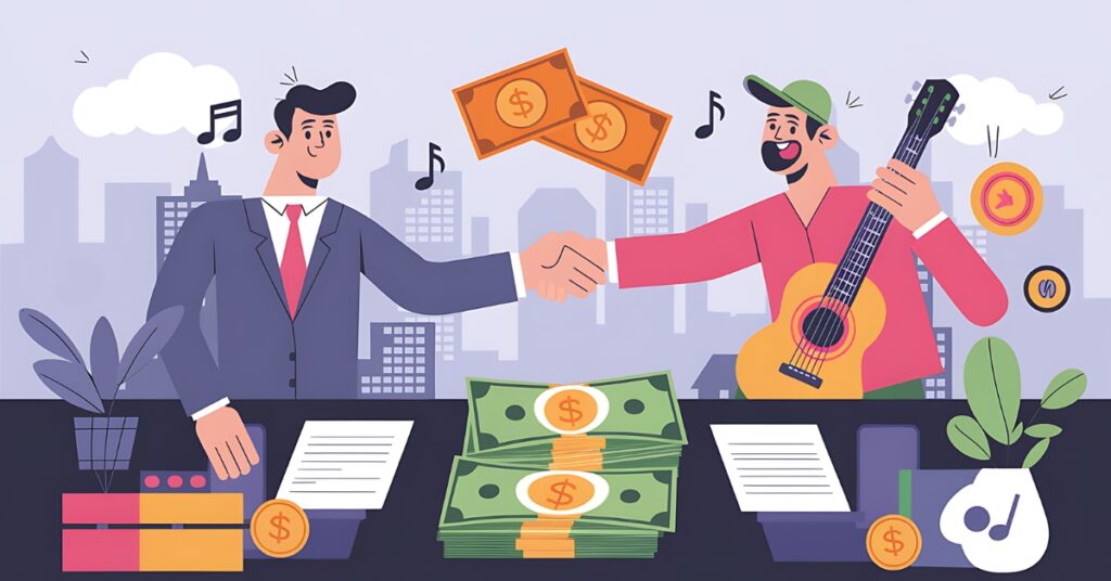An illustration of a man and musician signing a music sync license deal.