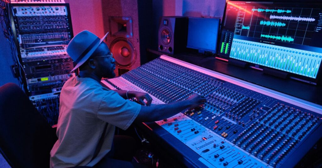 Audio engineer doing equalization on a mixing console in the studio.