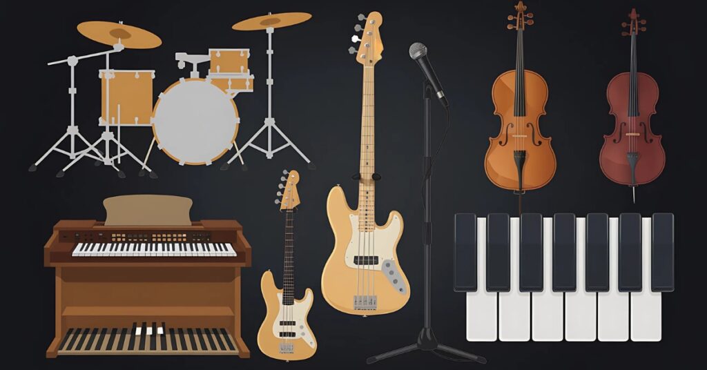 Collage of musical instruments including drums, guitars, organ, piano, strings, and vocals.