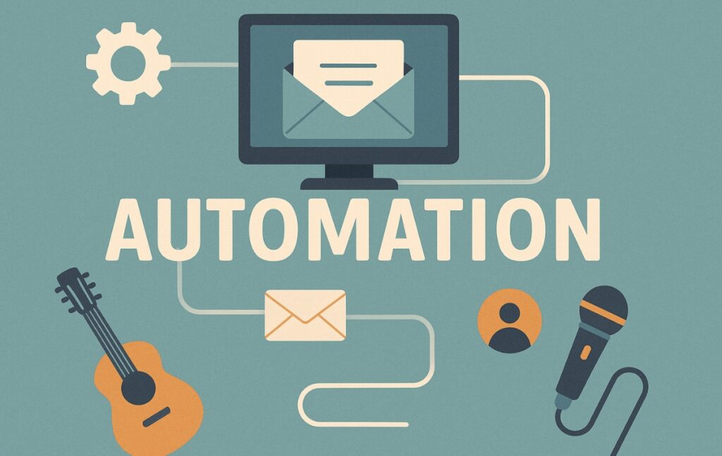 A computer with email open, a gear icon, a microphone, and a guitar with the word 