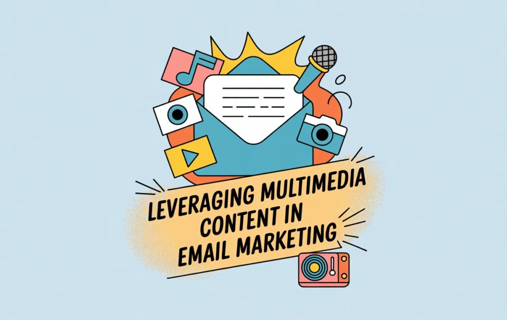 Illustration of a email with several multimedia icons around it representing email marketing for musicians.