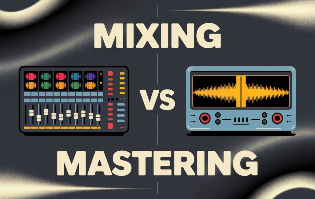 Graphic with the text Mixing Vs Mastering with a illustrated mixing console and mastering plugin.
