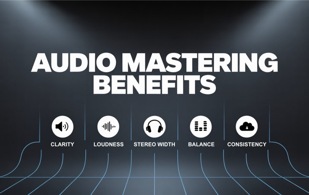 A graphic with the text Audio Mastering Benefits and a list of benefits underneath it.