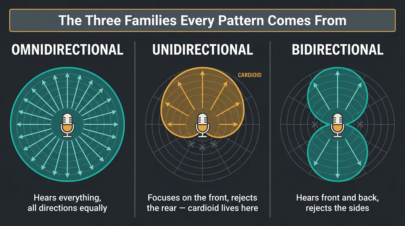 Infographic comparing omnidirectional, unidirectional cardioid, and bidirectional figure-8 microphone polar patterns.