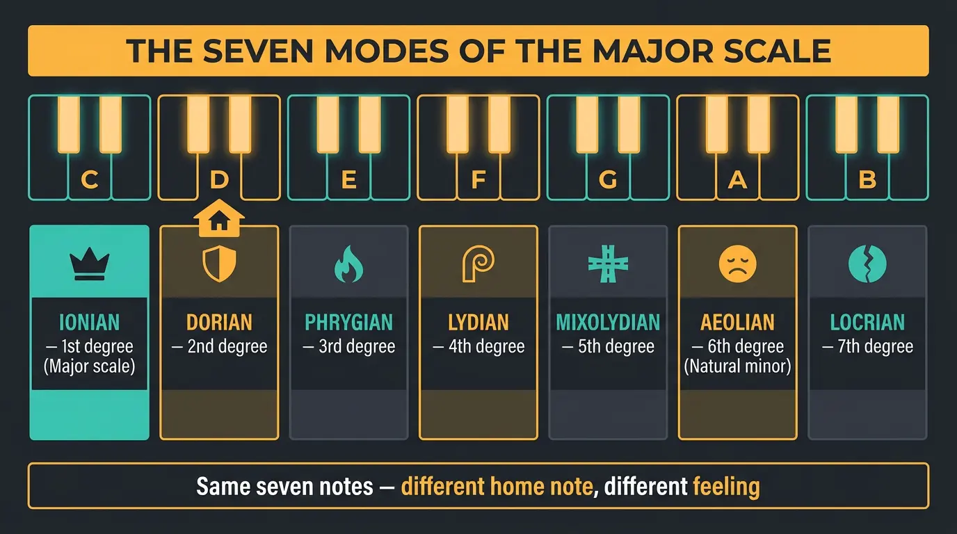 Infographic showing the seven modes of the major scale, each named with its scale degree from Ionian to Locrian.