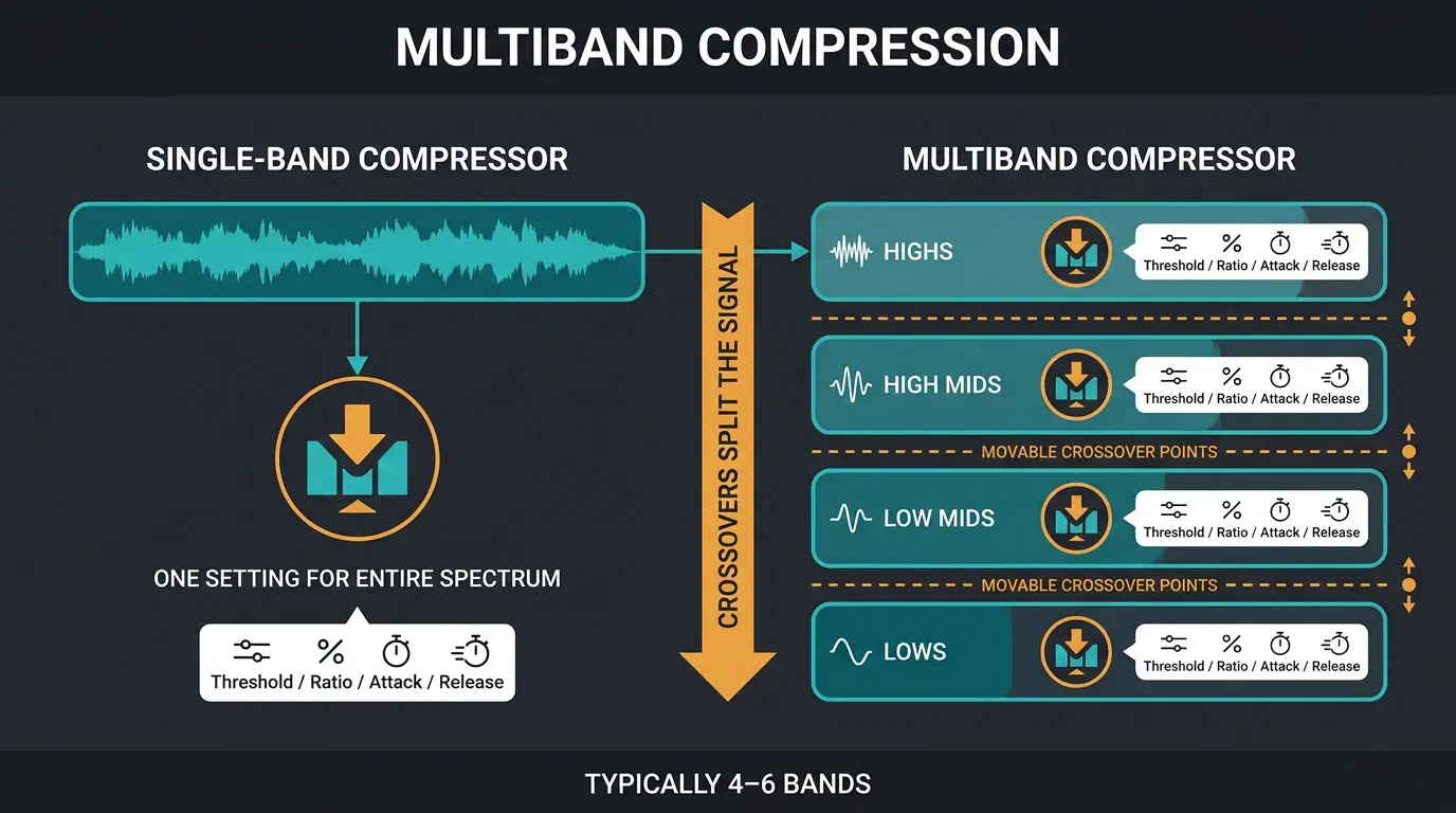 Infographic comparing a single-band compressor to a four-band multiband compressor split by crossovers.
