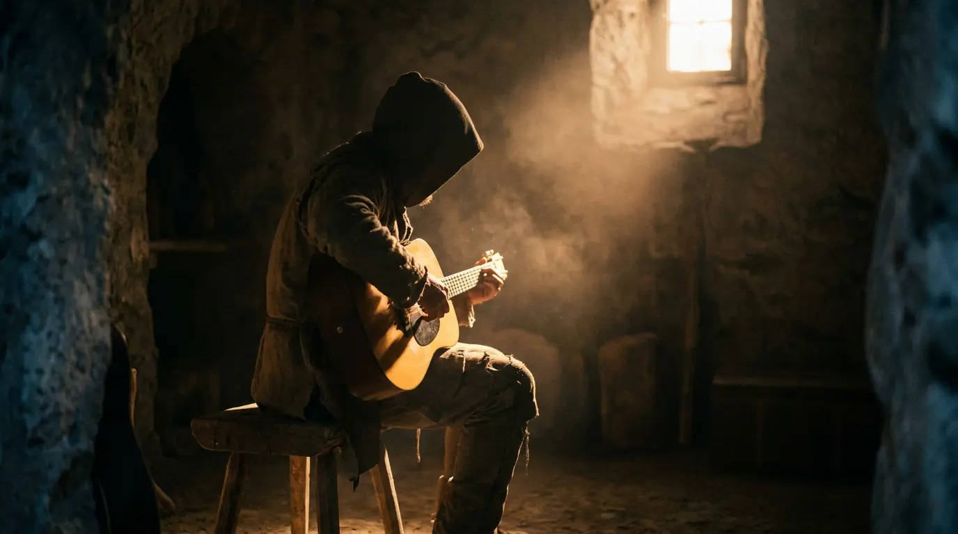 Silhouette of a musician holding an acoustic guitar in a dim room lit by a warm shaft of light through dust.