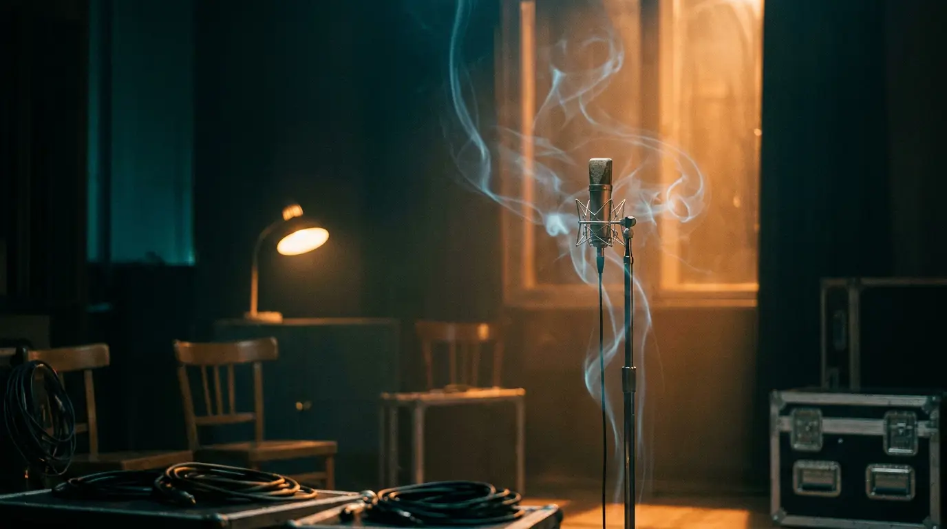 A lone microphone in a dark studio, lit warm amber, with faint glowing light threads curling in the air