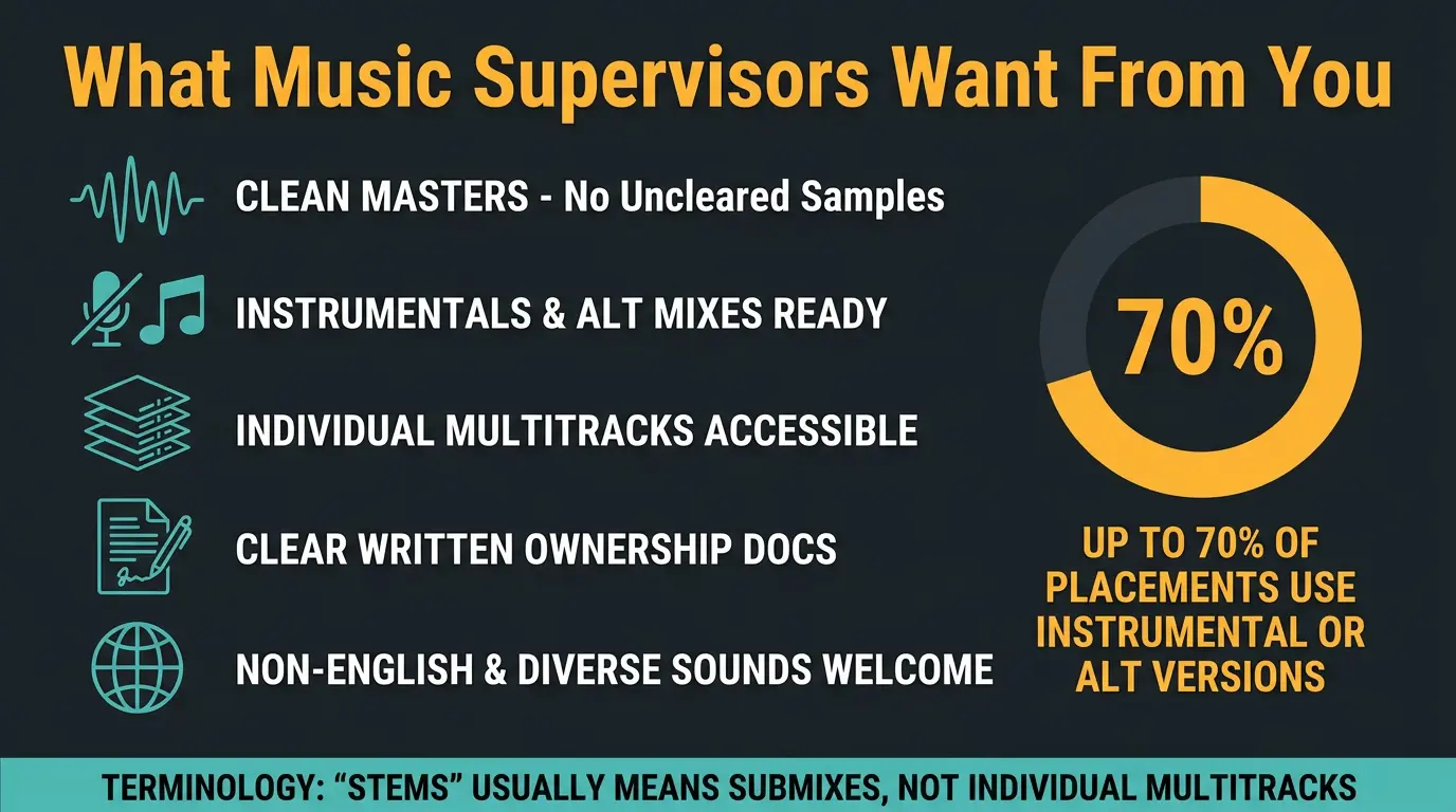 Infographic checklist of what music supervisors want, with 70% instrumental-use stat and stems terminology note.