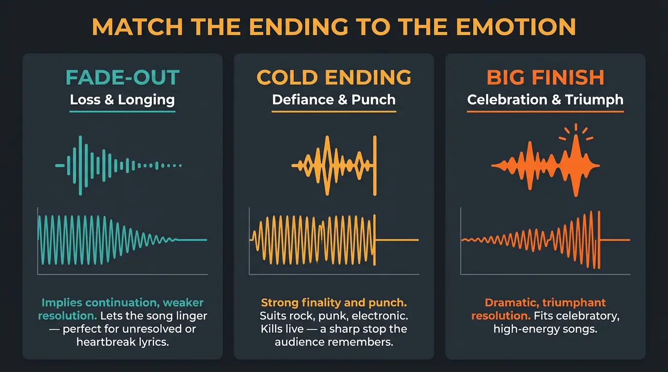 Infographic comparing three song endings: fade-out, cold ending, and big finish, each matched to an emotion.