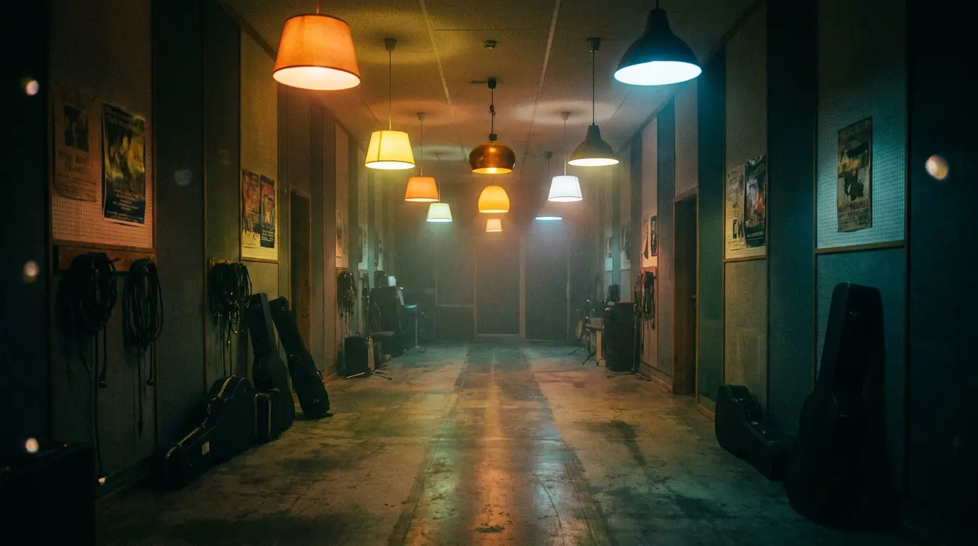 A dark studio corridor lined with seven glowing pendant lights shifting from warm amber to cold blue.