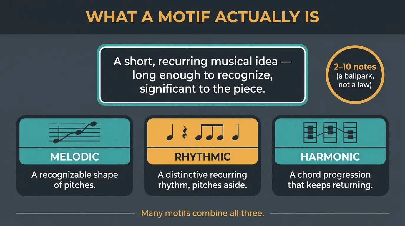 Infographic defining a motif and showing its three types: melodic, rhythmic, and harmonic, with a 2 to 10 note guideline.