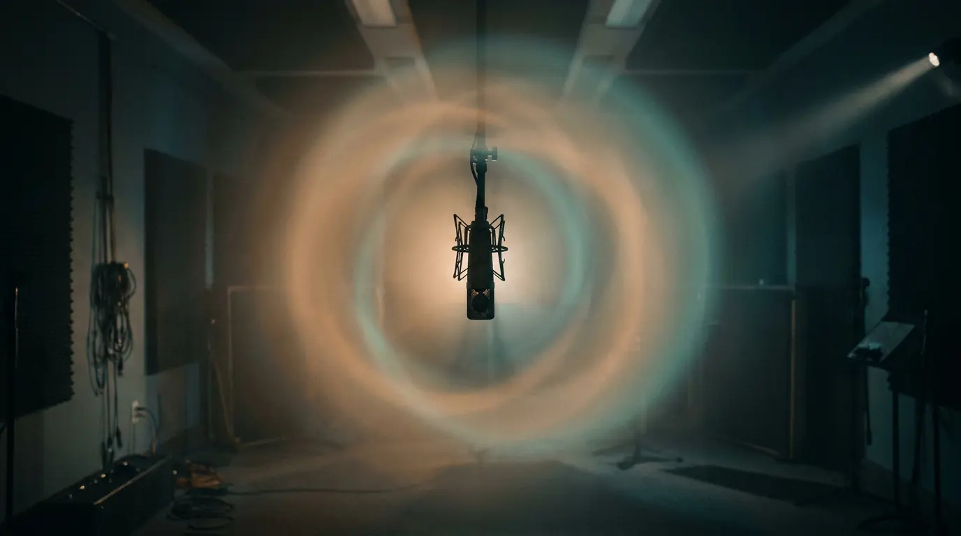 A single condenser mic on a shock mount in a dark studio, ringed by overlapping teal and amber light halos in haze.