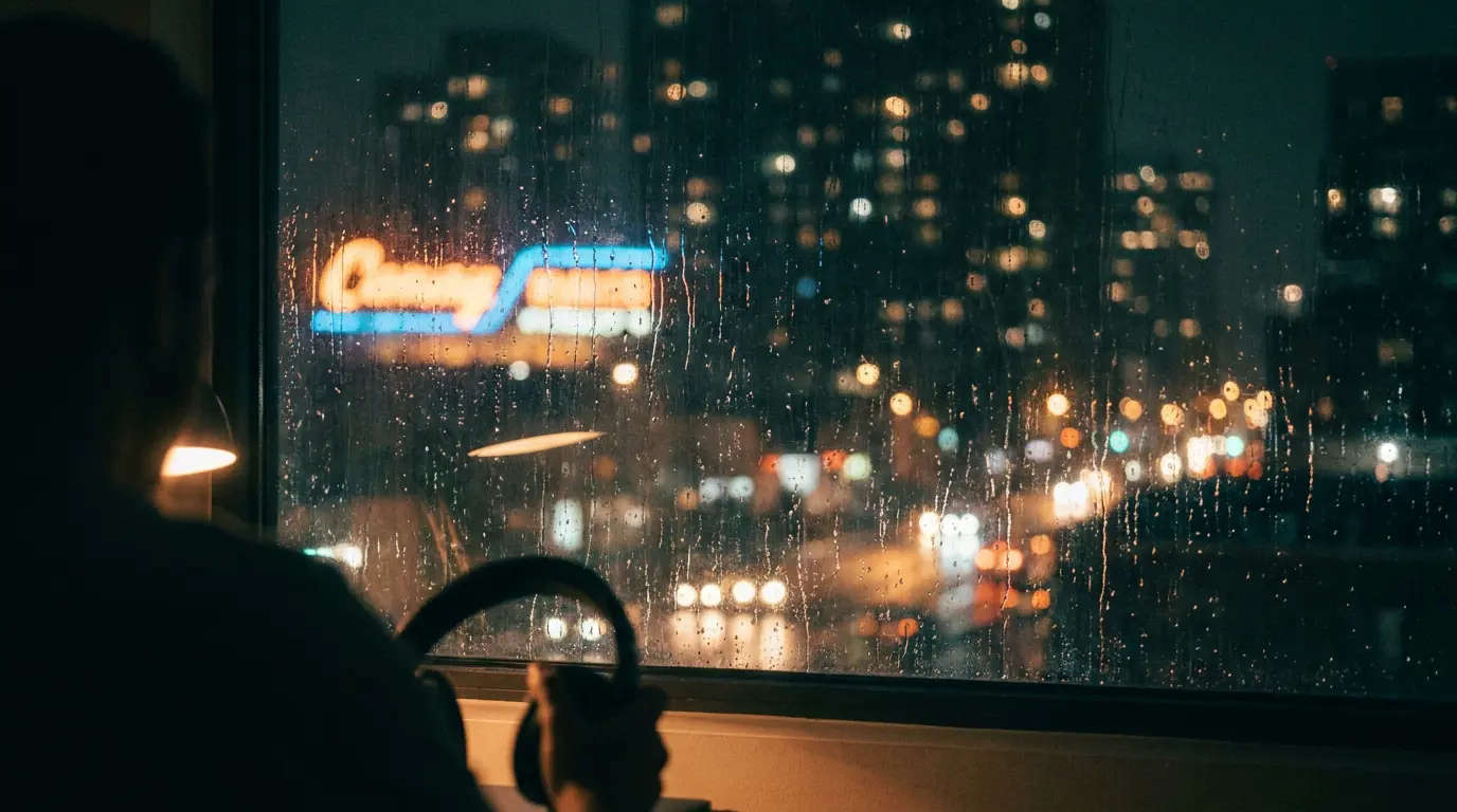 A rain-streaked studio window at night with smeared neon city lights and a blurred figure holding headphones.