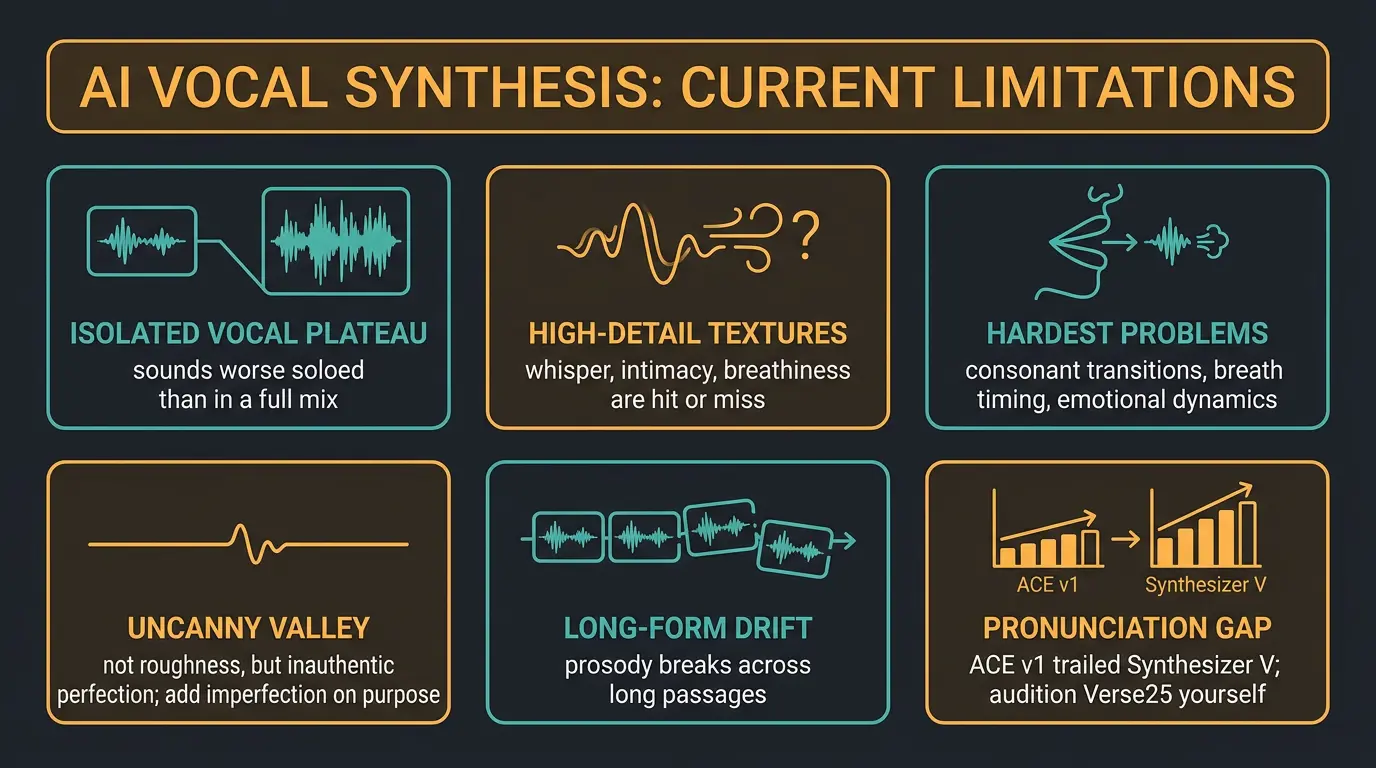Infographic grid of six AI vocal synthesis limitations: isolated quality, textures, hard problems, uncanny valley, drift, pro