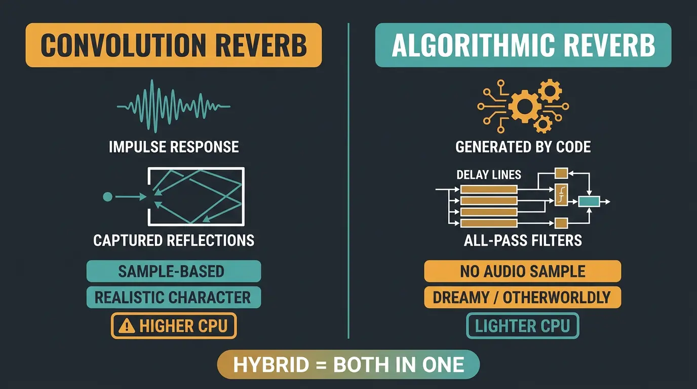 Side-by-side infographic comparing convolution reverb (sample-based, realistic) and algorithmic reverb (code-generated, dream