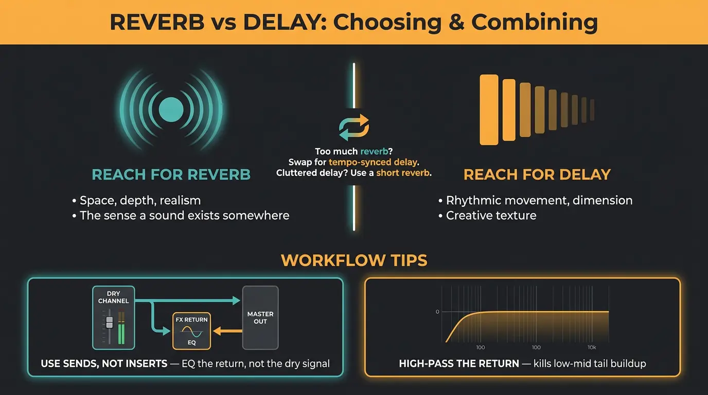 Infographic comparing reverb and delay uses, plus workflow tips for sends and high-passing FX returns.