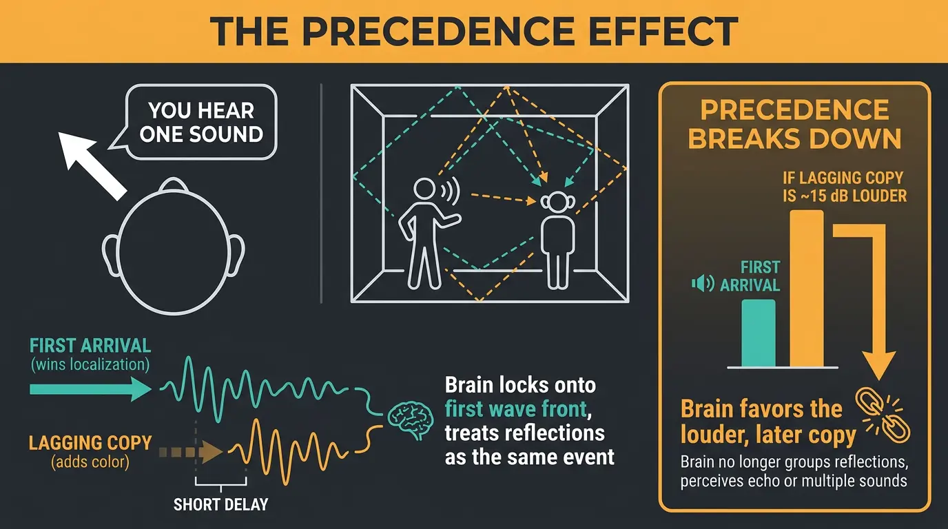 Infographic showing first sound arrival winning localization, room reflections, and 15 dB breakdown limit of the Haas effect.