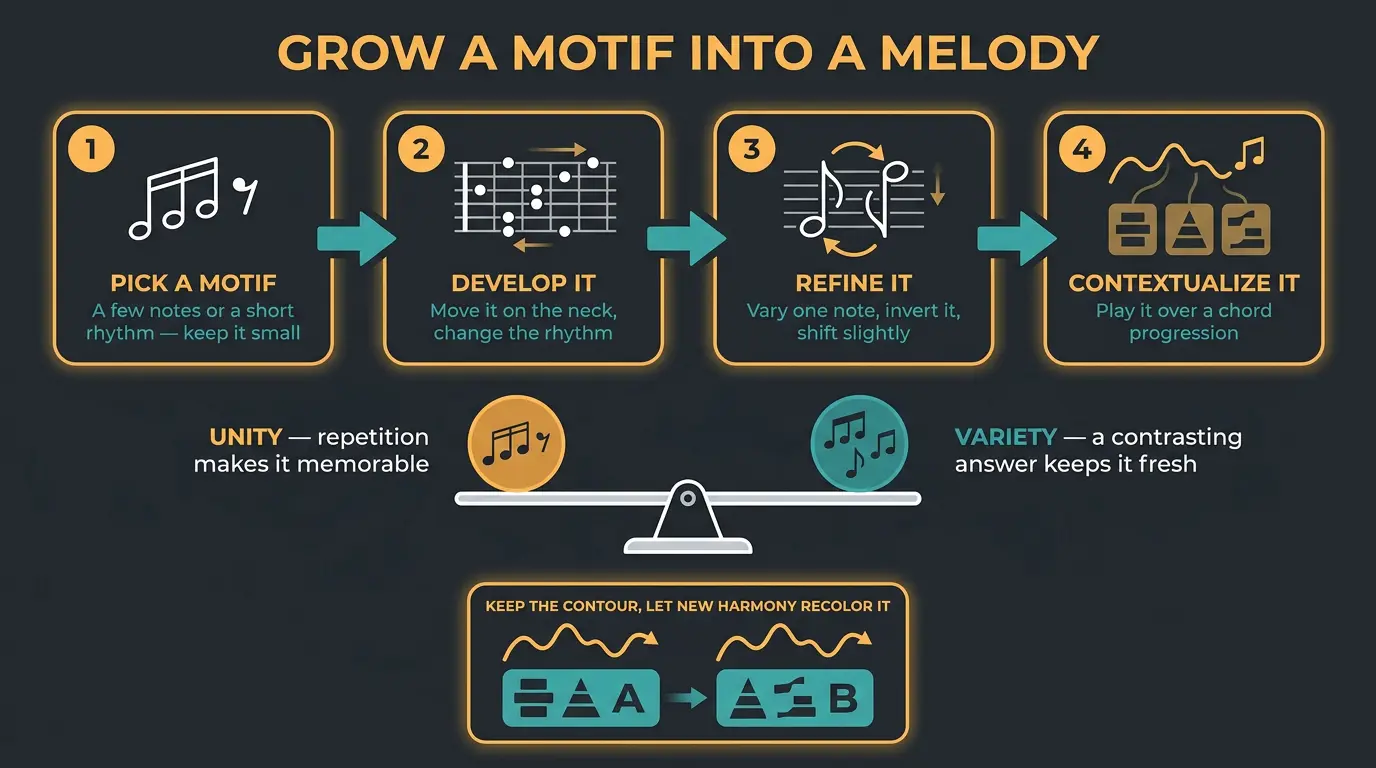 Infographic showing four steps to grow a guitar motif into a melody, a unity-versus-variety balance scale, and a melodic cont