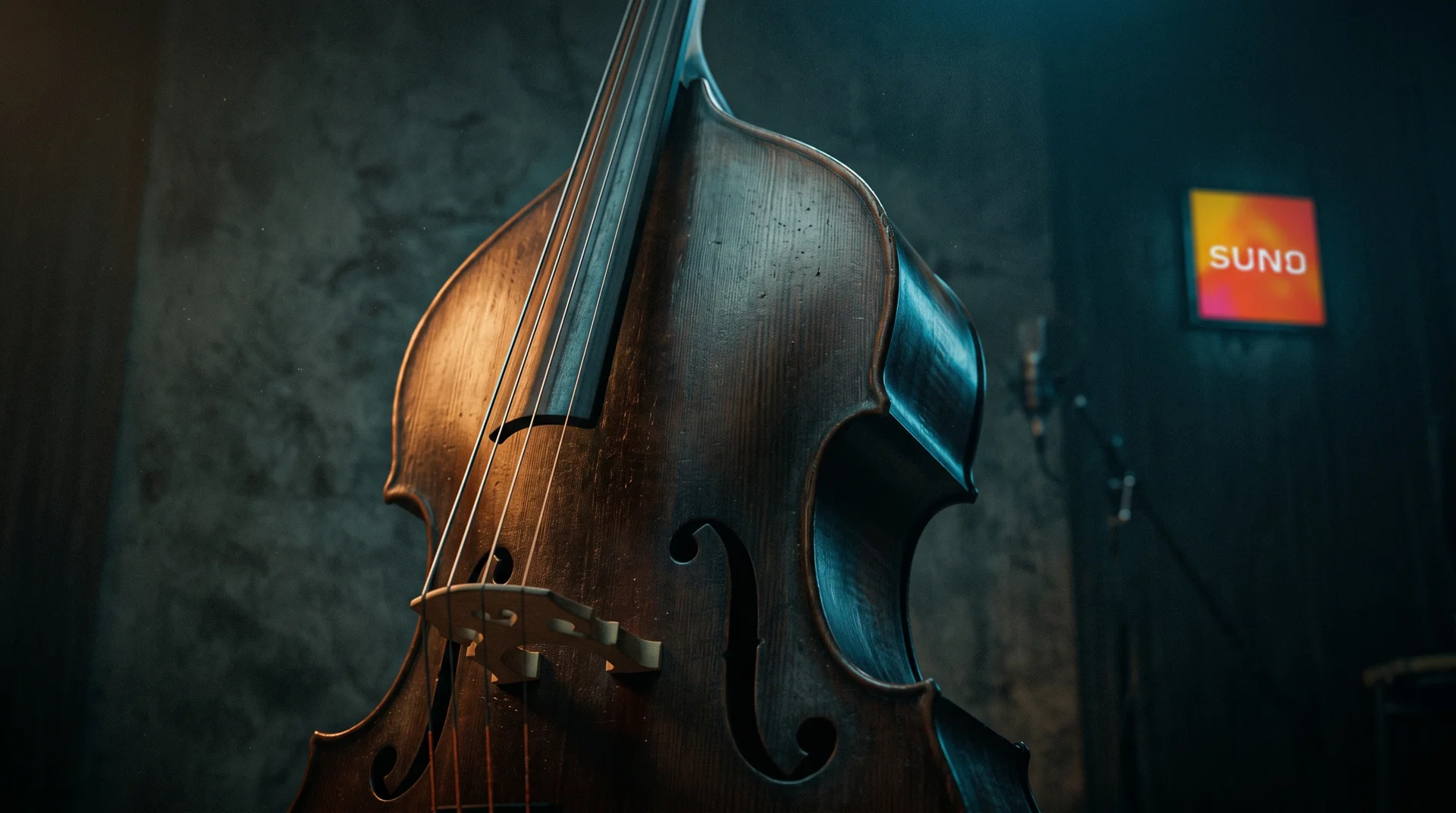 A wooden upright double bass standing in a dark studio, light raking across the grain of the body.