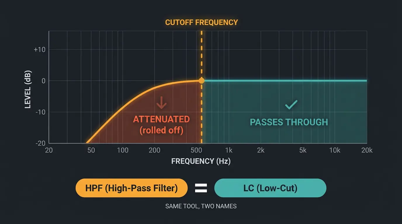 Frequency graph showing lows attenuated and highs passing, with HPF and LC buttons marked as equal.