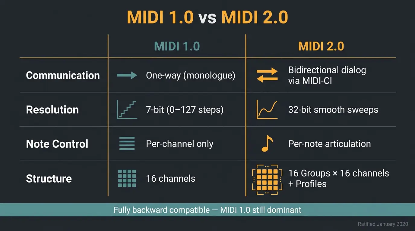 Comparison infographic of MIDI 1.0 vs MIDI 2.0 showing bidirectional communication, 32-bit resolution, per-note control, and