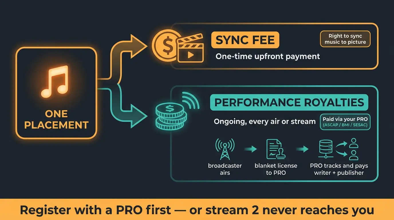 Infographic showing one music placement splitting into two income streams: one-time sync fee and ongoing PRO performance roya