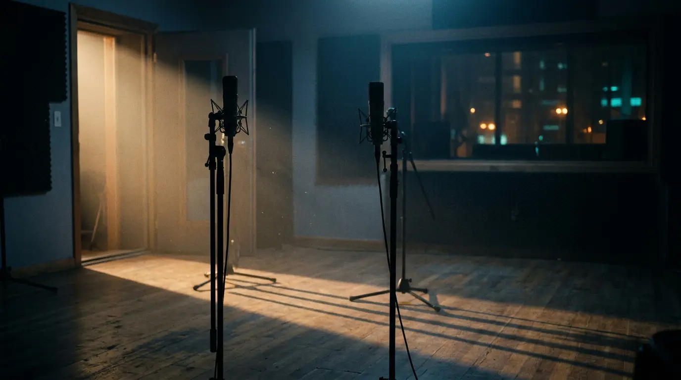 Two mic silhouettes offset across a dark booth, warm light casting long parallel shadows into blue shadow.